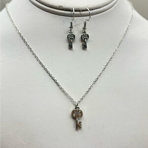 Silver Key Pendant Necklace and Earring Set